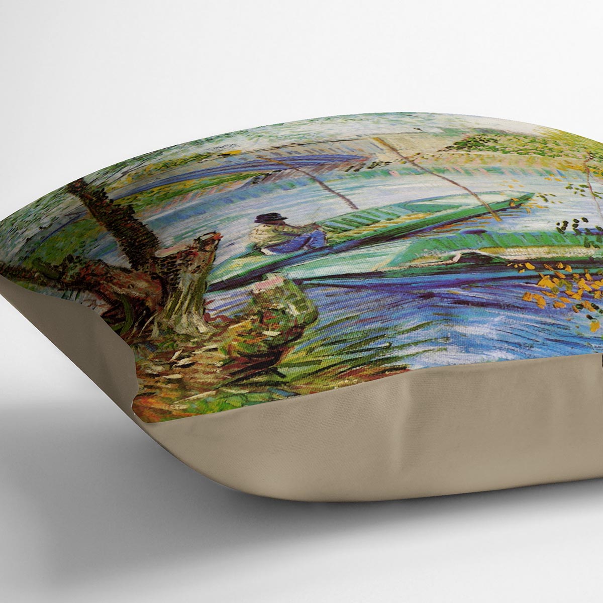 Fishing in Spring by Van Gogh cushion featuring vibrant colors and luxurious vegan faux suede fabric, perfect for home decor.