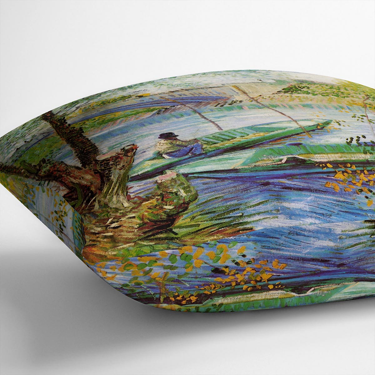 Fishing in Spring by Van Gogh cushion featuring vibrant colors and luxurious vegan faux suede fabric, perfect for home decor.