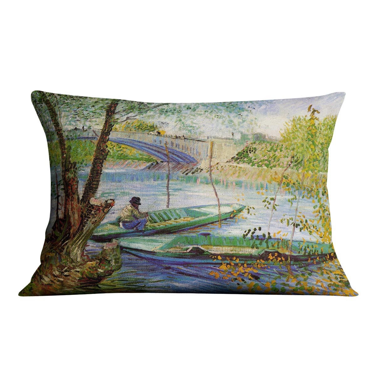 Fishing in Spring by Van Gogh cushion featuring vibrant colors and luxurious vegan faux suede fabric, perfect for home decor.