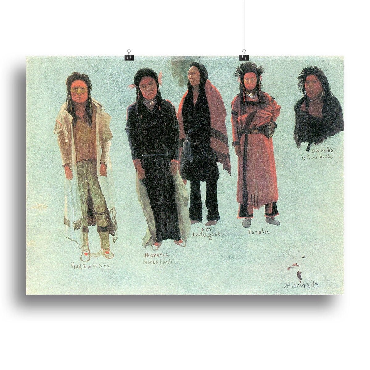 Canvas print of 'Five Indians' by Bierstadt showcasing Native American culture and landscapes.