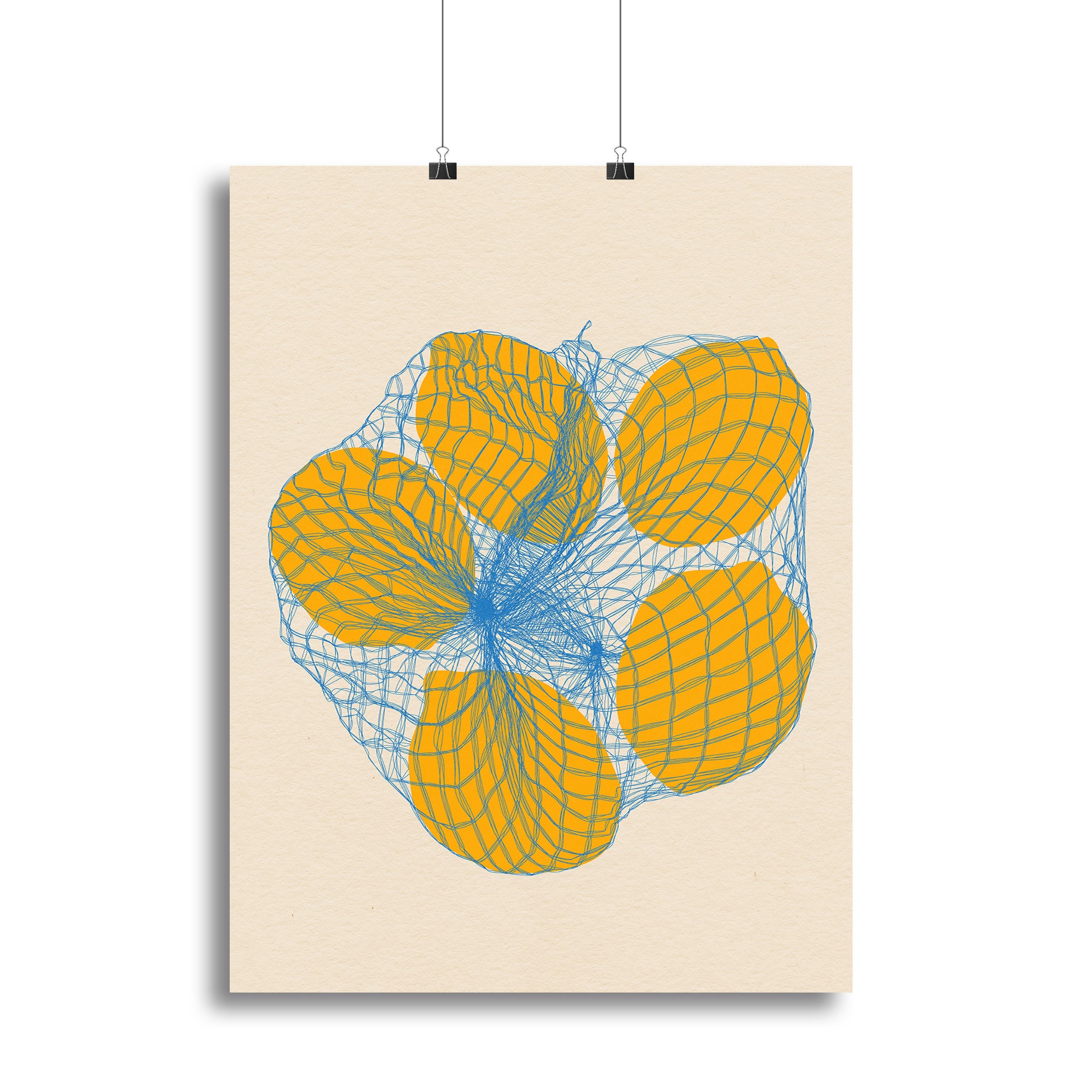 Canvas print featuring five vibrant lemons in a net bag, showcasing bright colors and detailed textures.