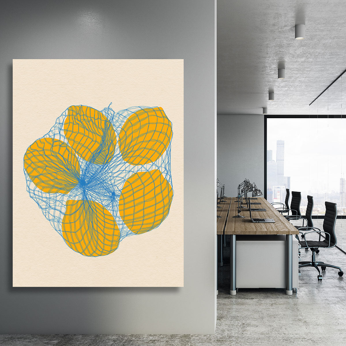 Canvas print featuring five vibrant lemons in a net bag, showcasing bright colors and detailed textures.