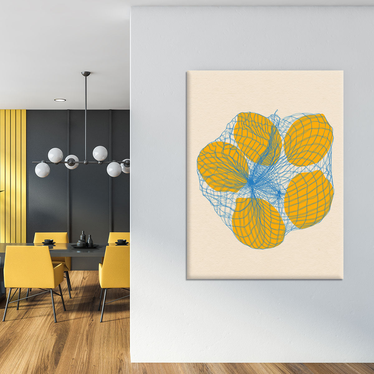 Canvas print featuring five vibrant lemons in a net bag, showcasing bright colors and detailed textures.