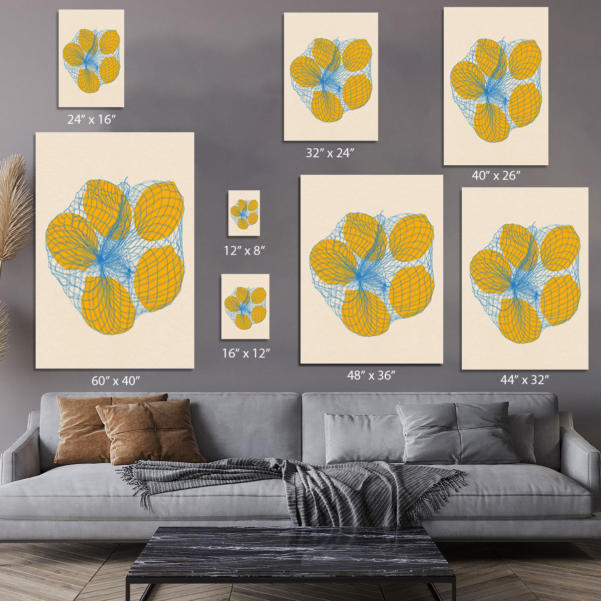 Canvas print featuring five vibrant lemons in a net bag, showcasing bright colors and detailed textures.