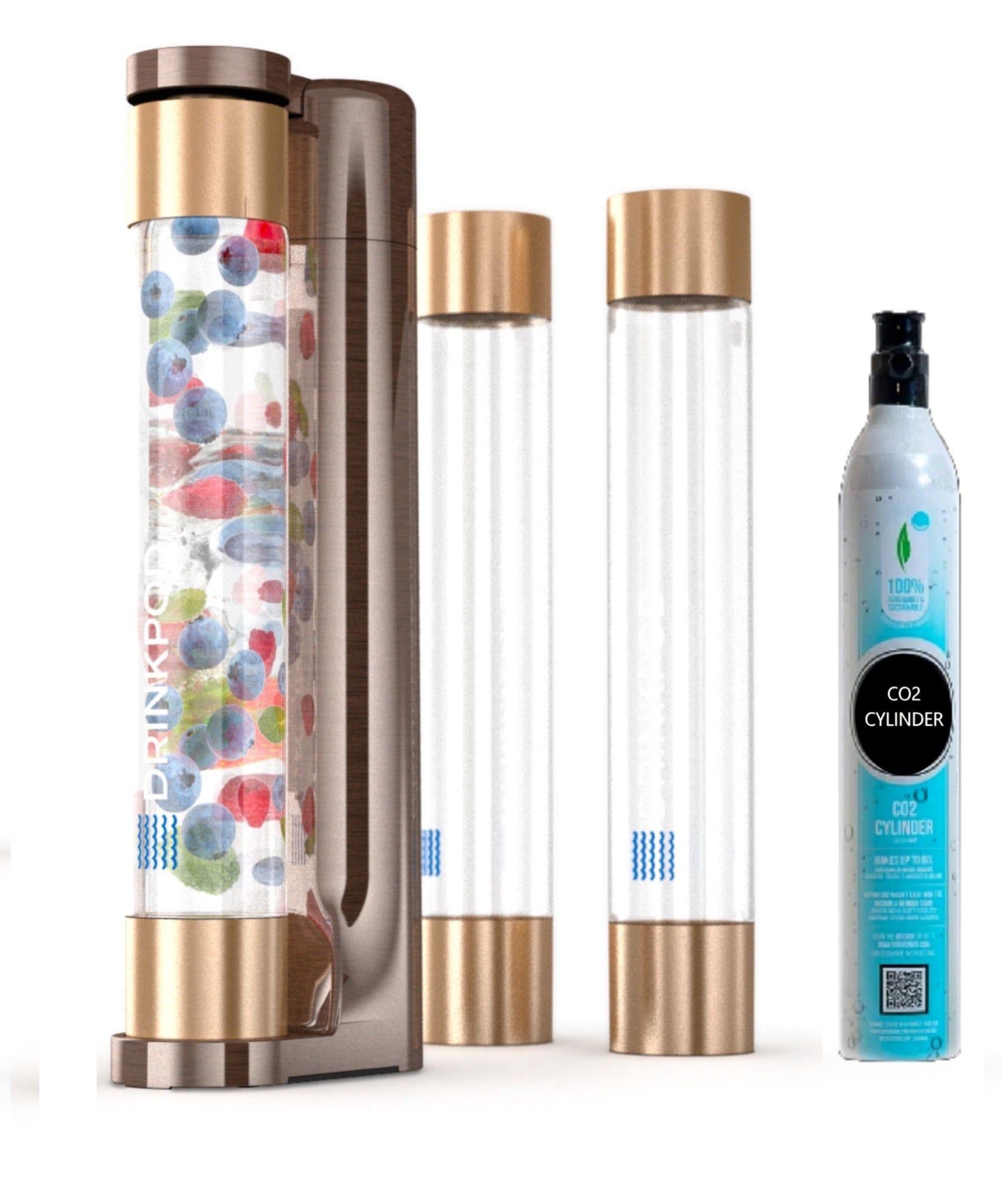 FIZZPod Soda Machine with CO₂ Cylinder and PET bottles for making homemade sparkling water and beverages.