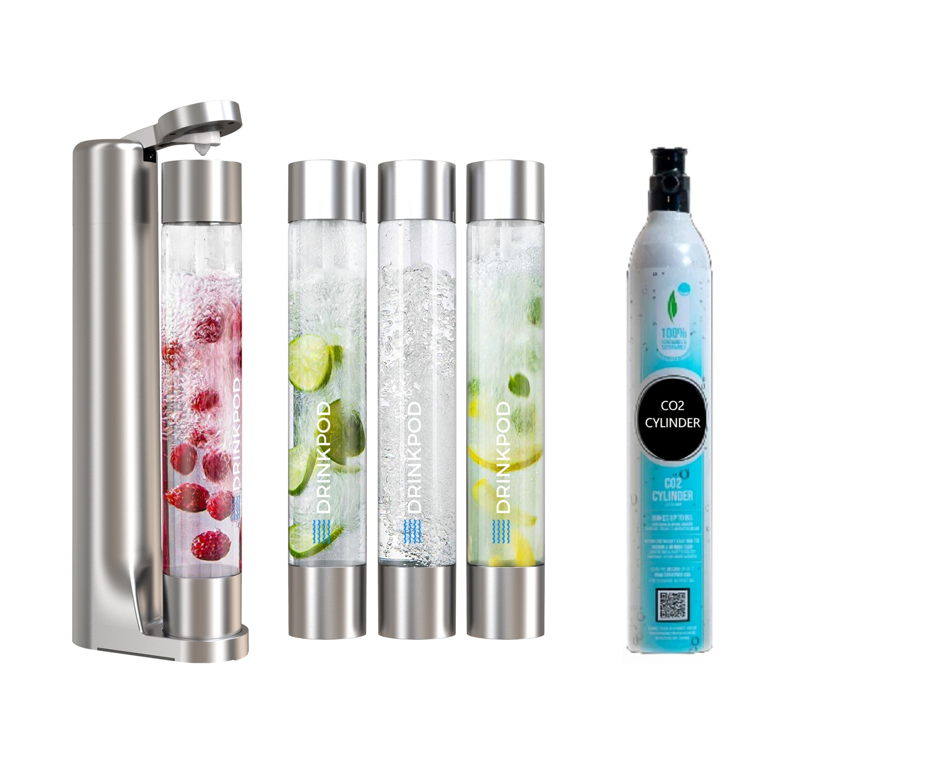 FIZZPod Soda Machine with CO₂ Cylinder and PET bottles for making homemade sparkling water and beverages.