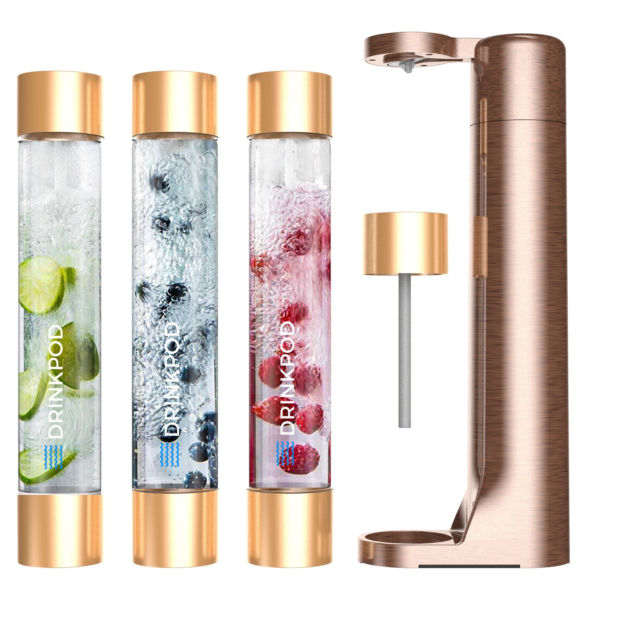 FIZZPod Soda Machine with CO₂ Cylinder and PET bottles for making homemade sparkling water and beverages.