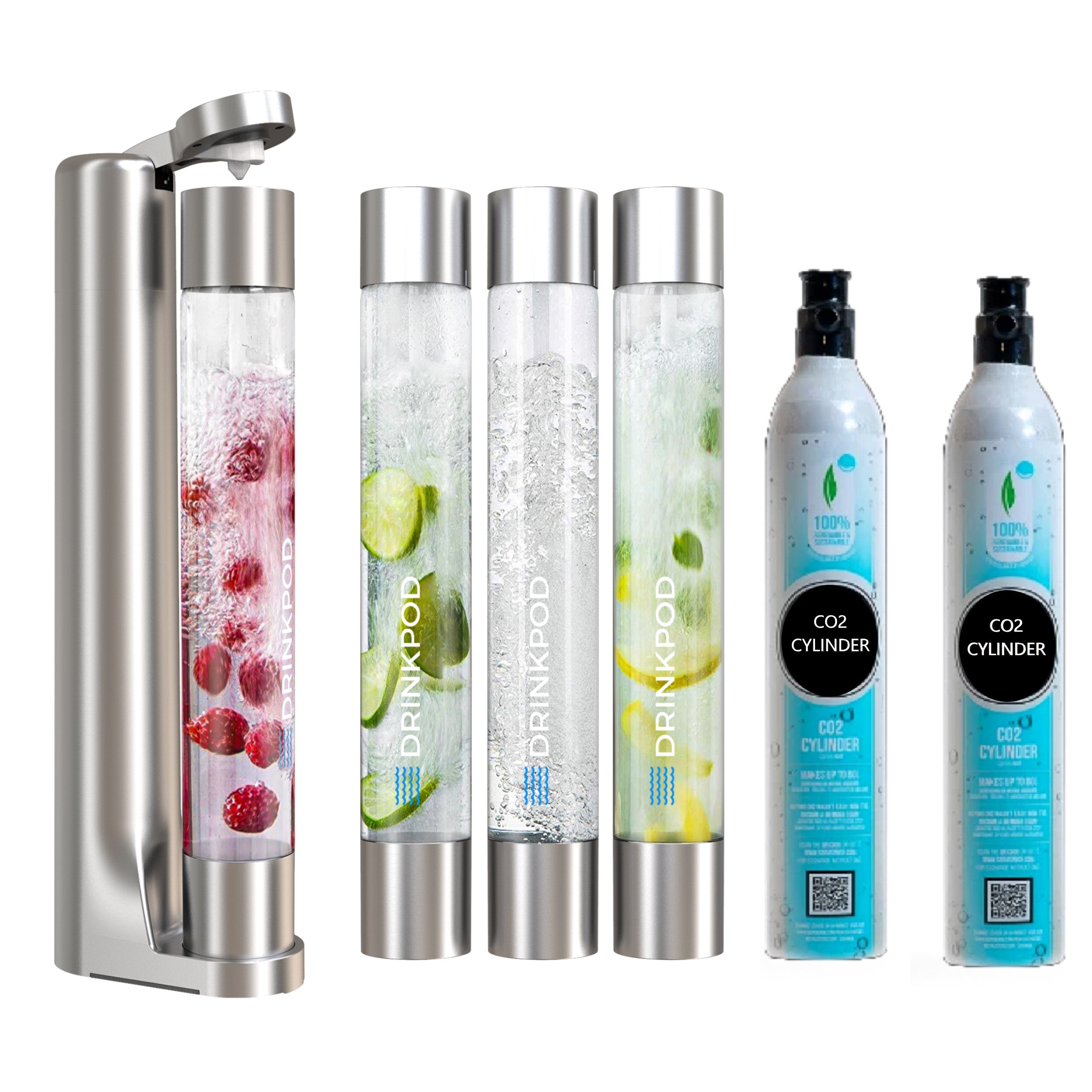 FIZZPod Soda Machine with two CO₂ cylinders and accessories for making sparkling water and beverages.