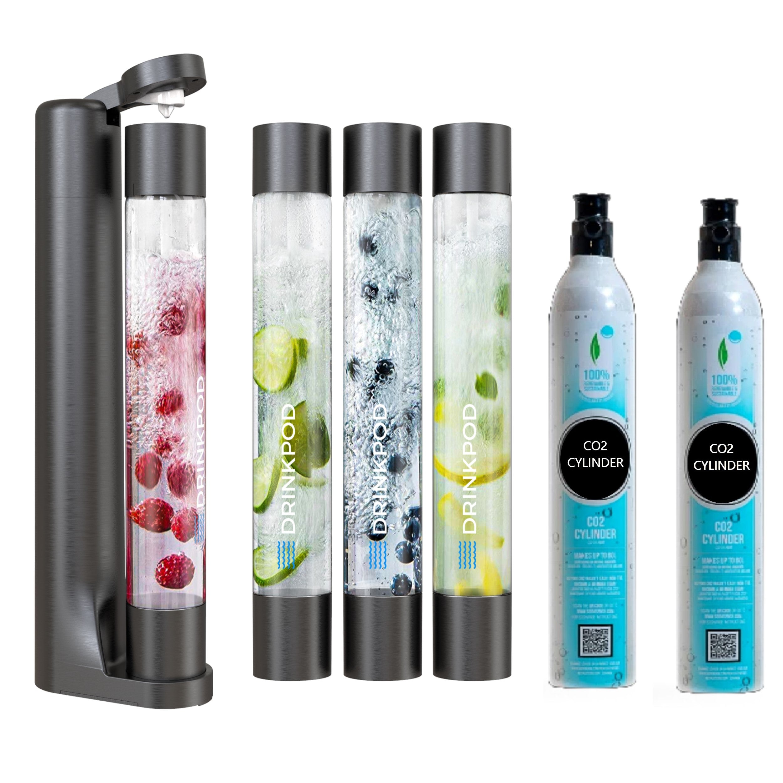 FIZZPod Soda Machine with two CO₂ cylinders and accessories for making sparkling water and beverages.