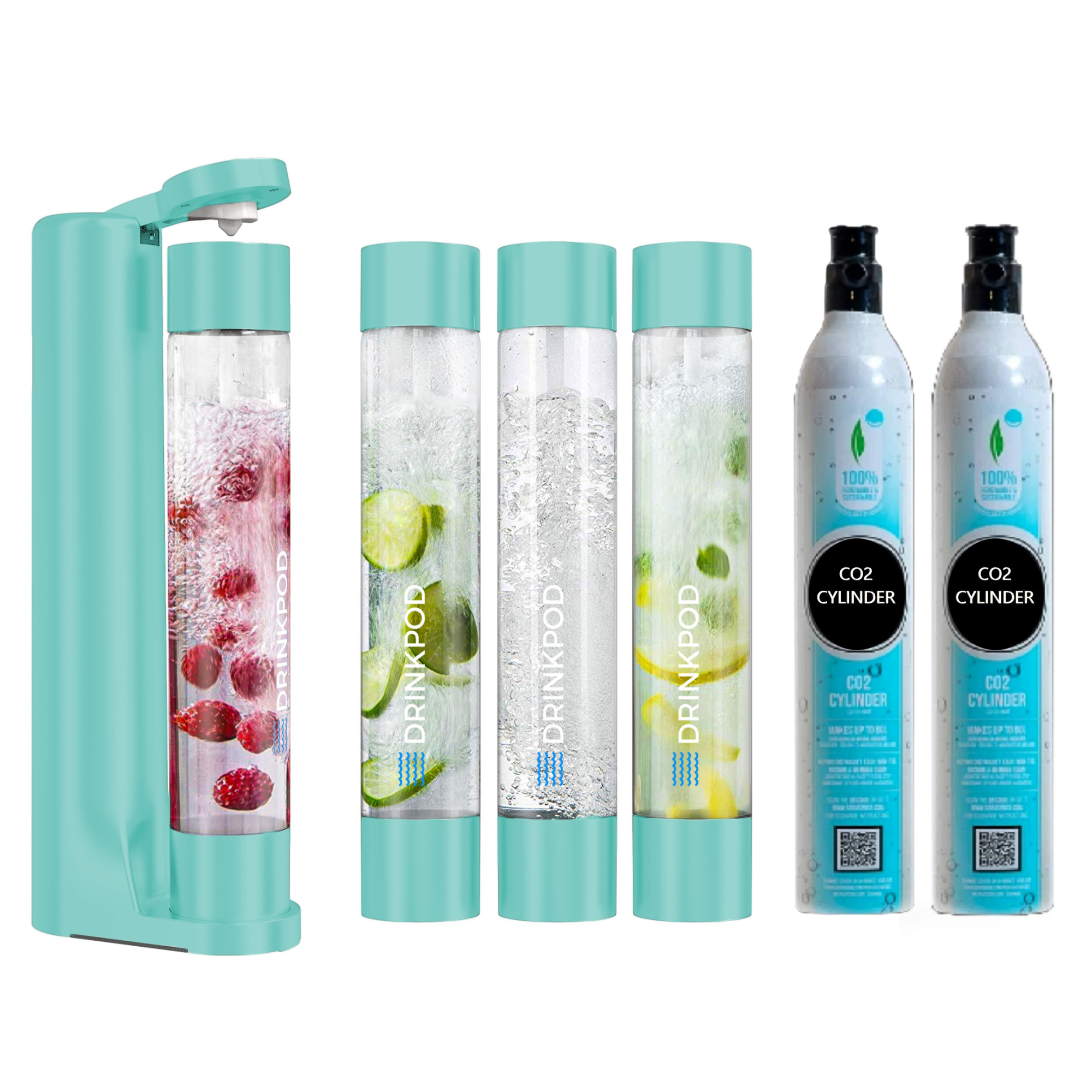 FIZZPod Soda Machine with two CO₂ cylinders and accessories for making sparkling water and beverages.