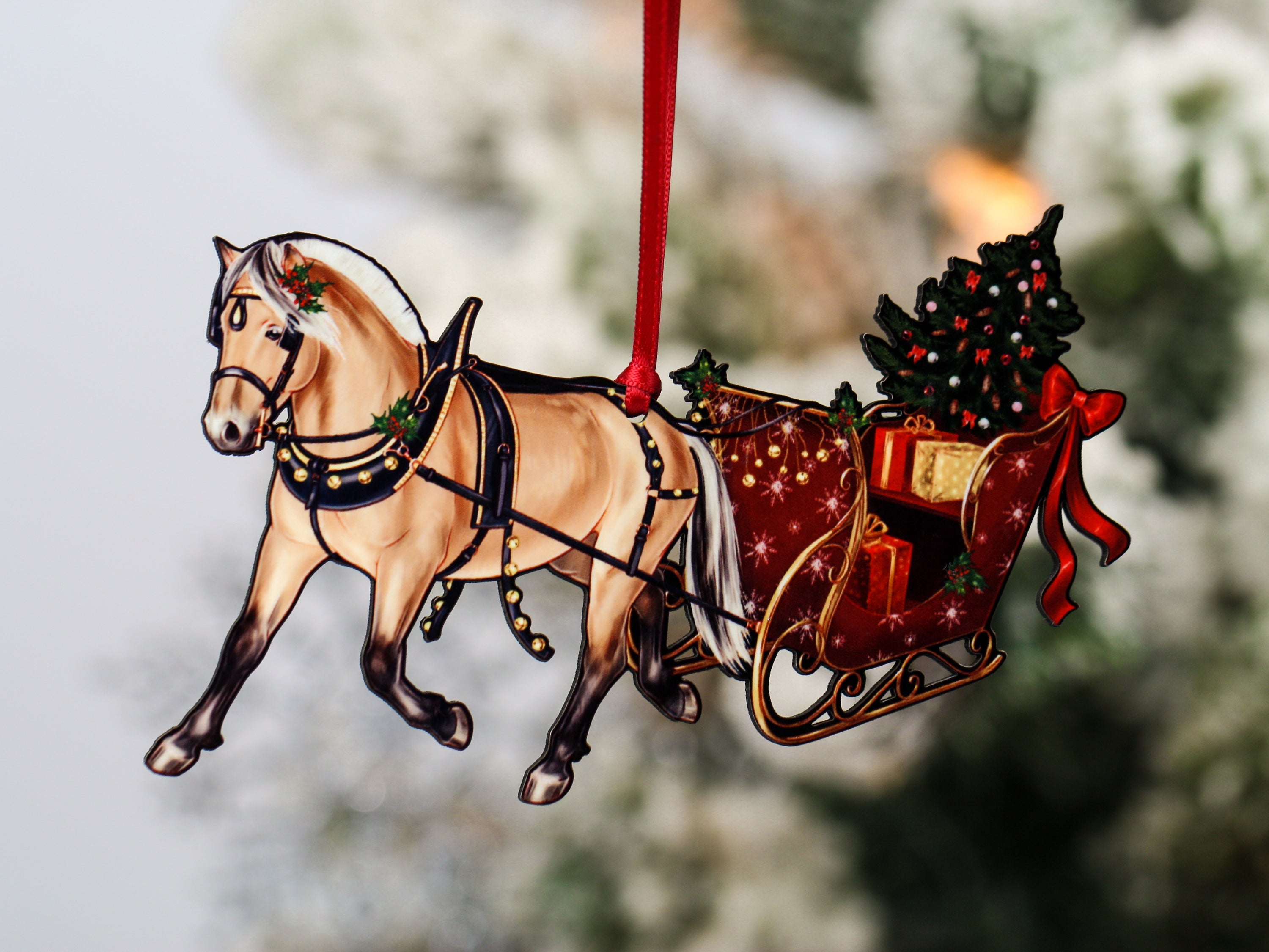 Handmade Fjord Horse Christmas Ornament with sleigh, crafted from composite wood, featuring a glossy finish and dark brown back.