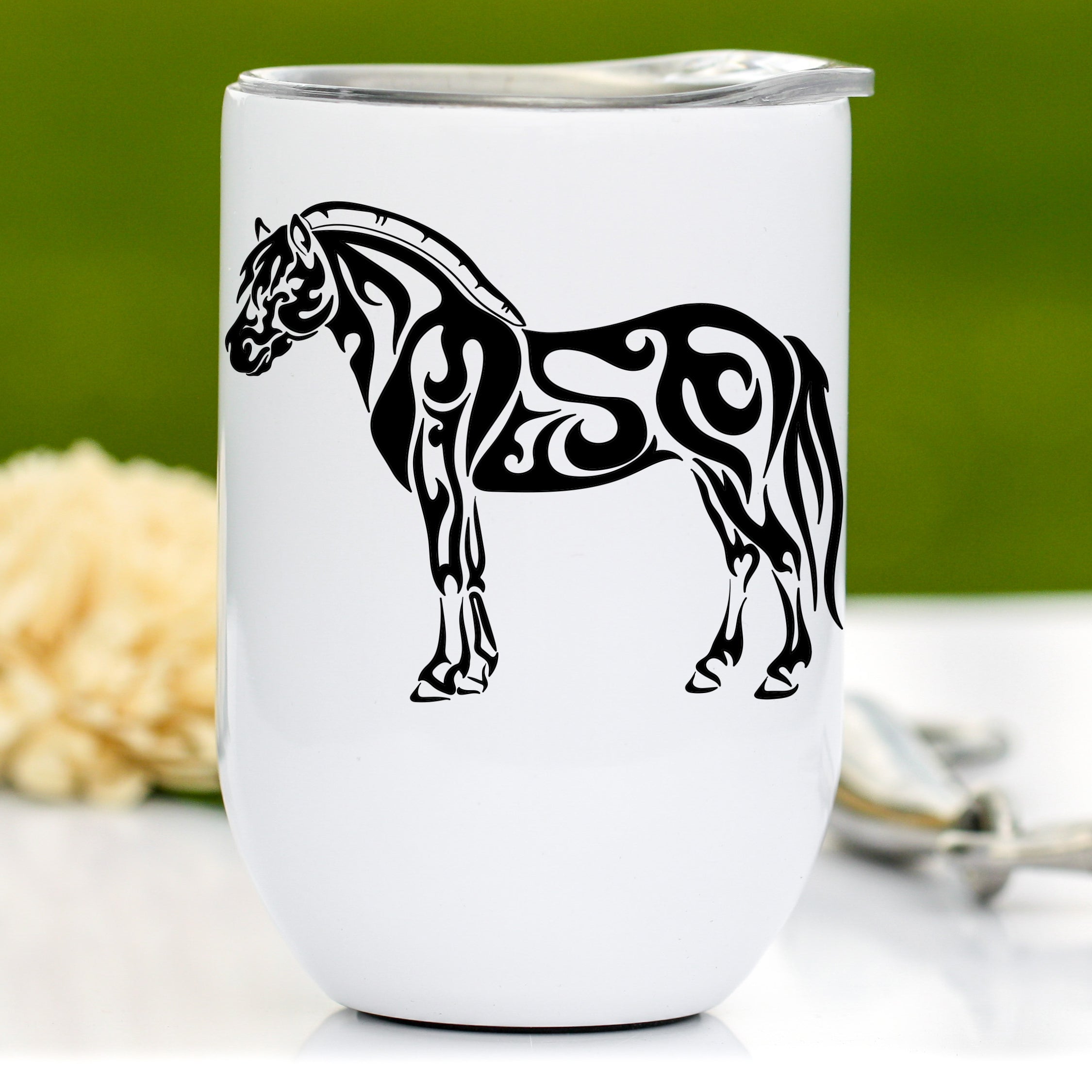 Fjord Horse Wine Tumbler featuring a tribal design, made of insulated stainless steel, perfect for keeping drinks cold.