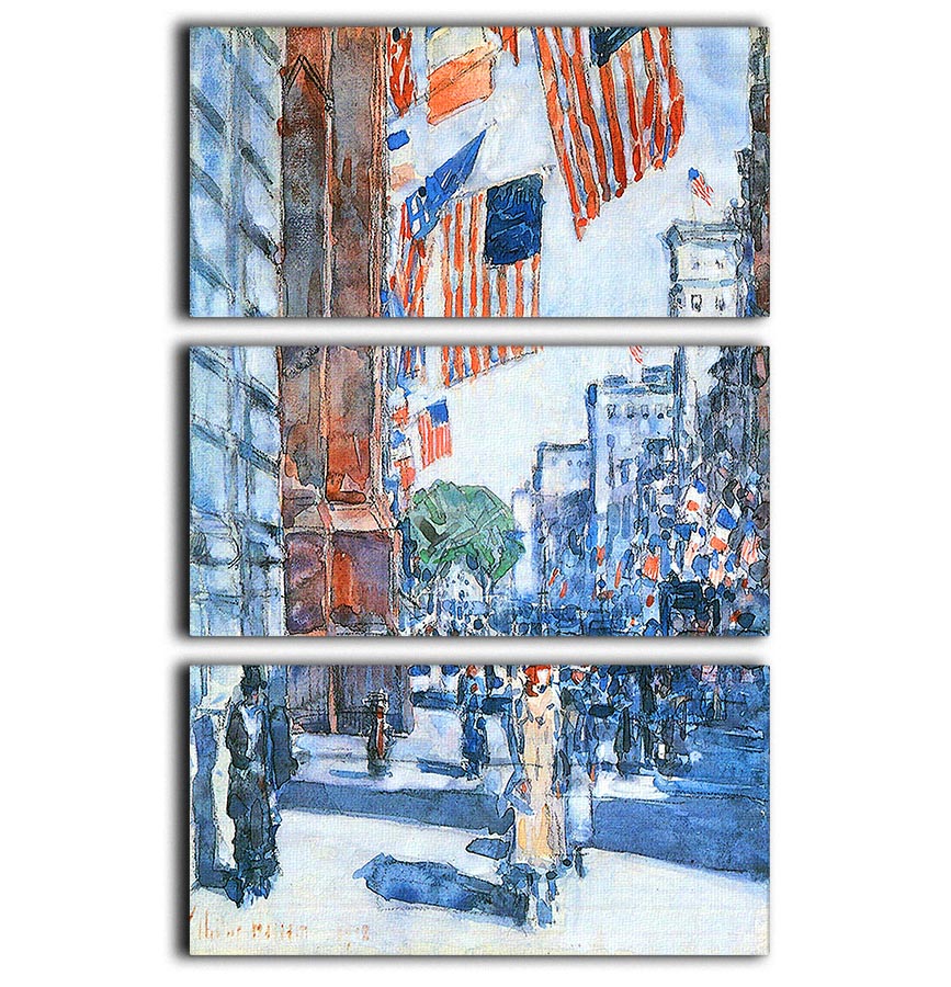 Flags Fifth Avenue by Hassam 3 Split Panel Canvas Print showcasing vibrant colors and intricate details across three panels.