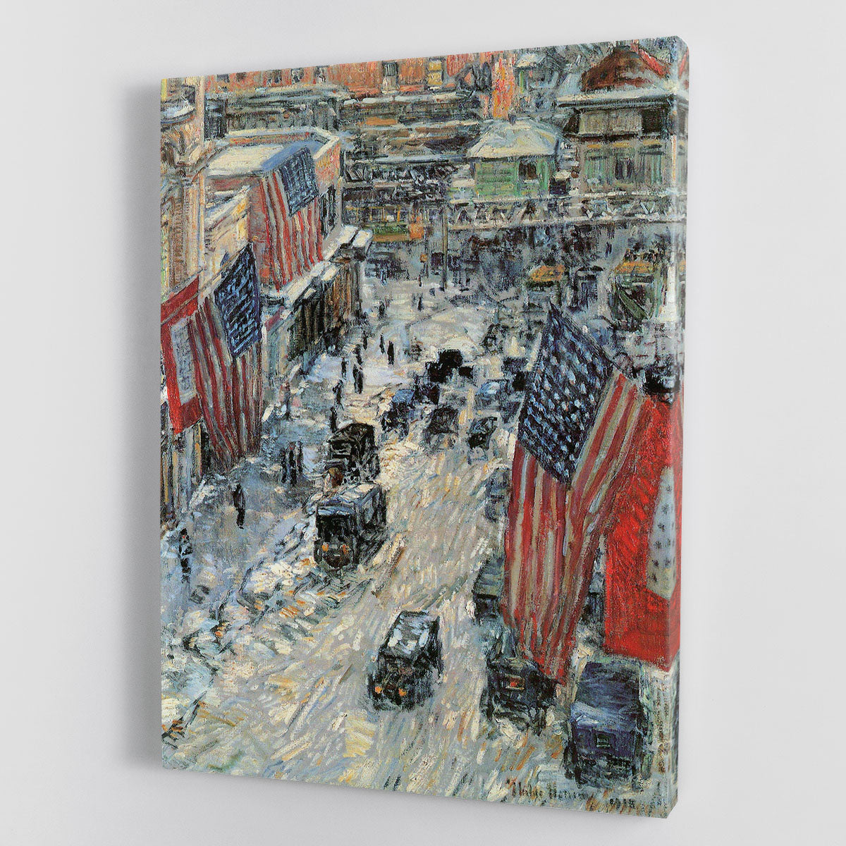 Canvas print of 'Flags on Fifth Avenue Winter 1918' by Hassam, featuring American flags in a snowy New York City setting.