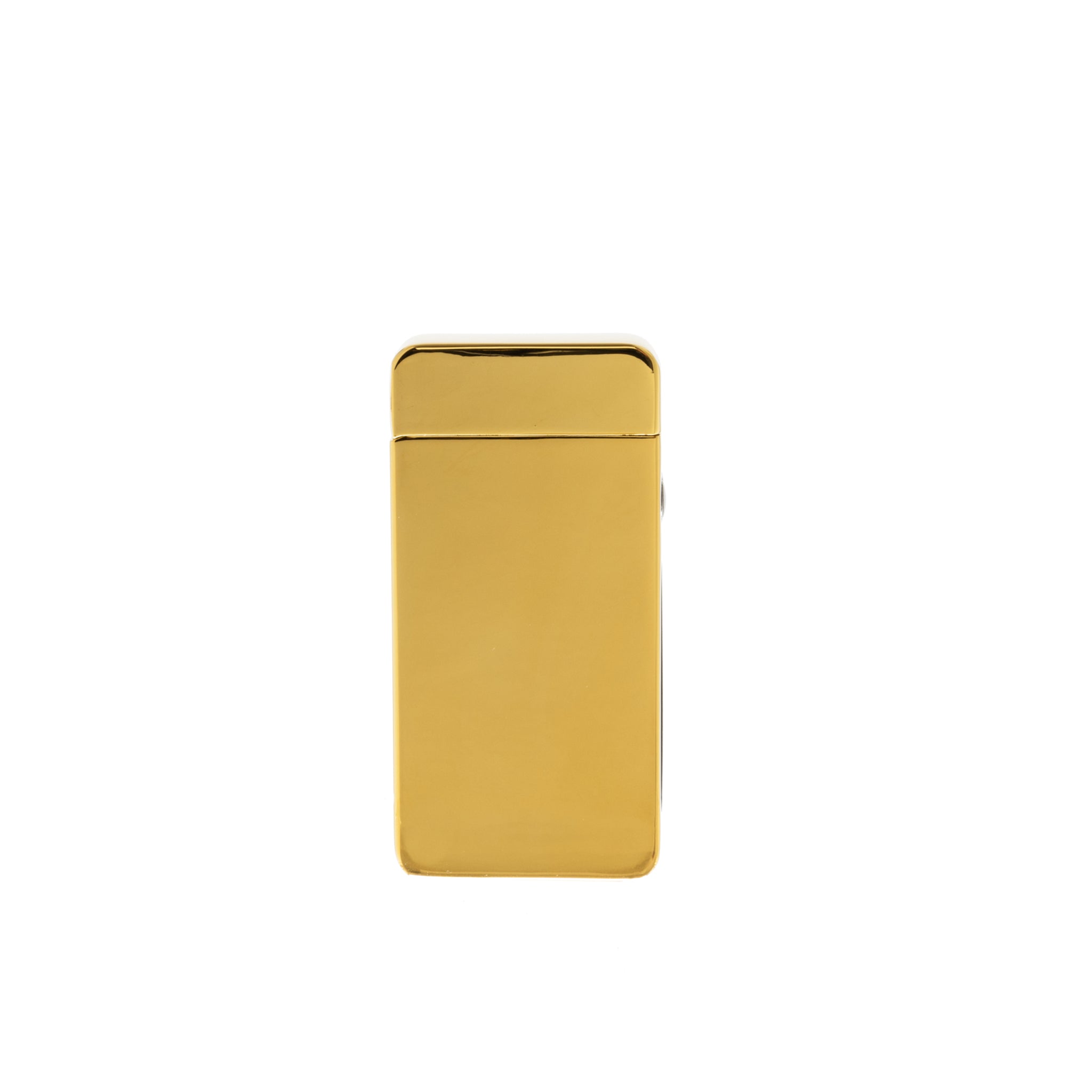 Flameless Flip Top Lighter in a sleek gold finish, showcasing its compact design and dual arc technology.