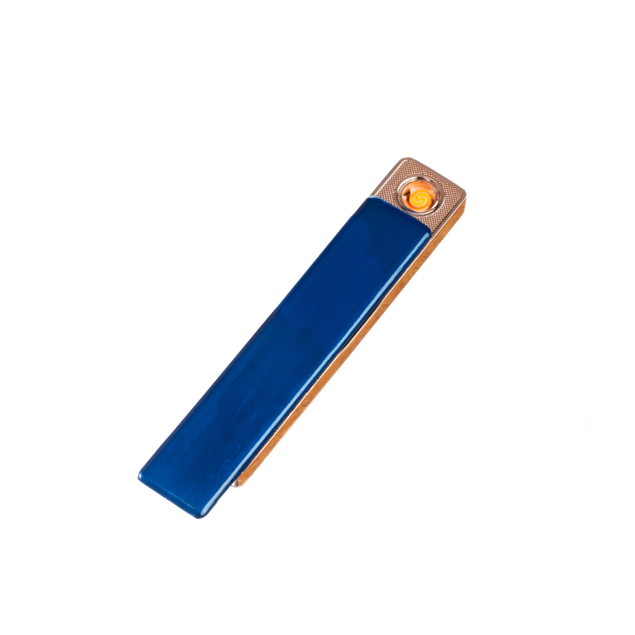 Flameless Rectangular Metal Trim Lighter in blue with gold trim, compact design, and charging indicator.