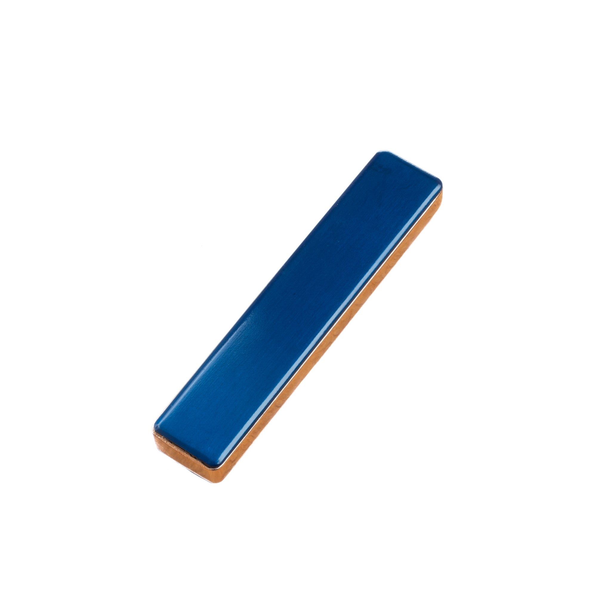 Flameless Rectangular Metal Trim Lighter in blue with gold trim, compact design, and charging indicator.