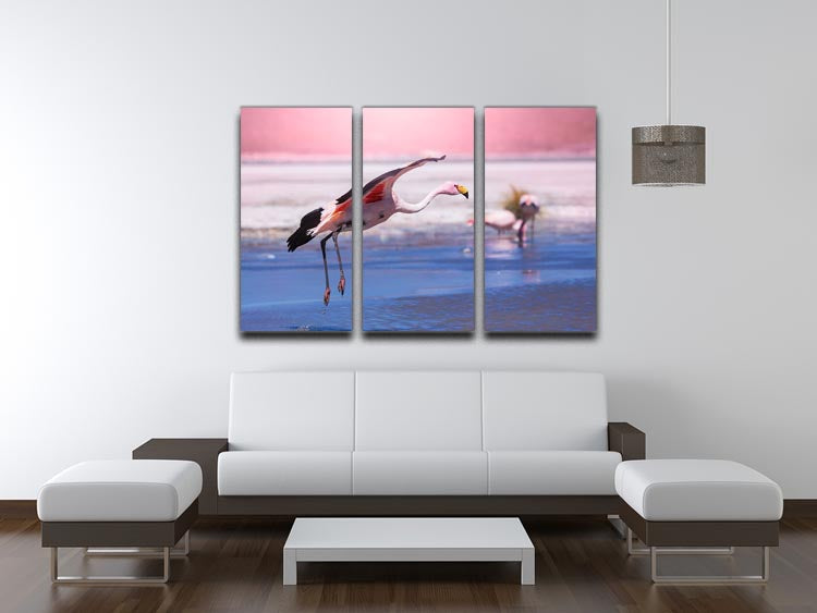 A vibrant 3-panel canvas print featuring a flamingo in Bolivia, showcasing rich colors and intricate details.