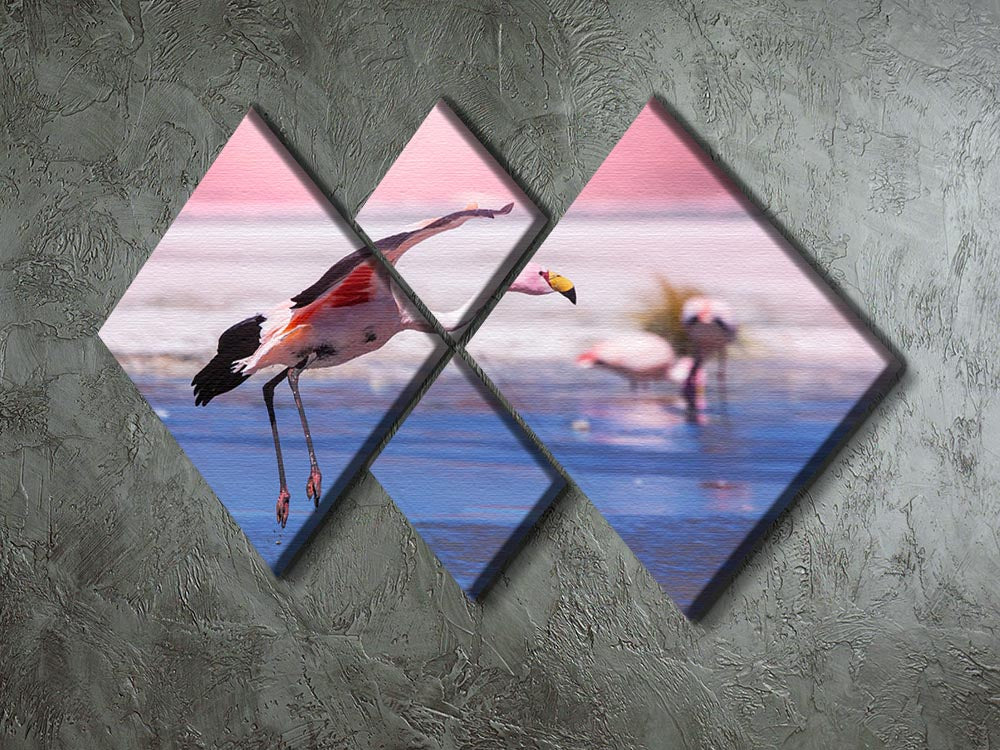 A vibrant multi-panel canvas artwork featuring flamingos in Bolivia, divided into four equal square sections, showcasing stunning colors and details.