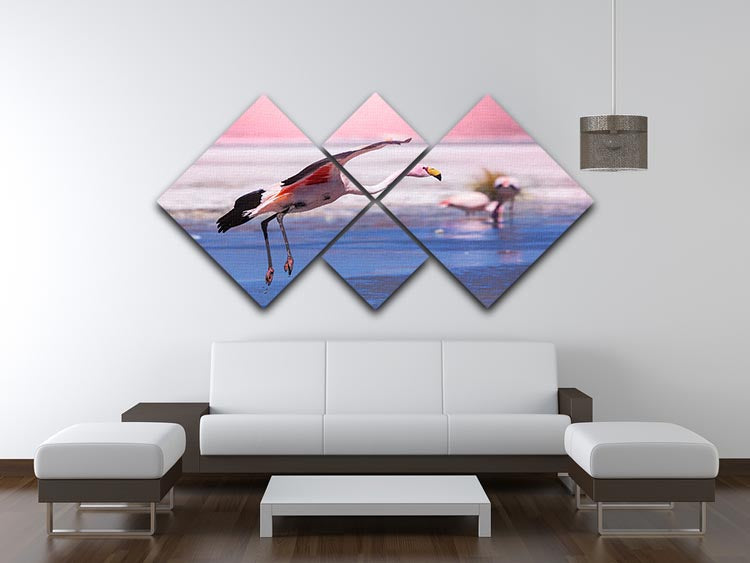 A vibrant multi-panel canvas artwork featuring flamingos in Bolivia, divided into four equal square sections, showcasing stunning colors and details.