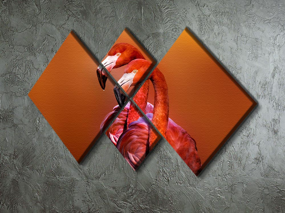 A vibrant multi-panel canvas artwork featuring a flamingo, divided into four equal square sections, showcasing intricate details and colors.