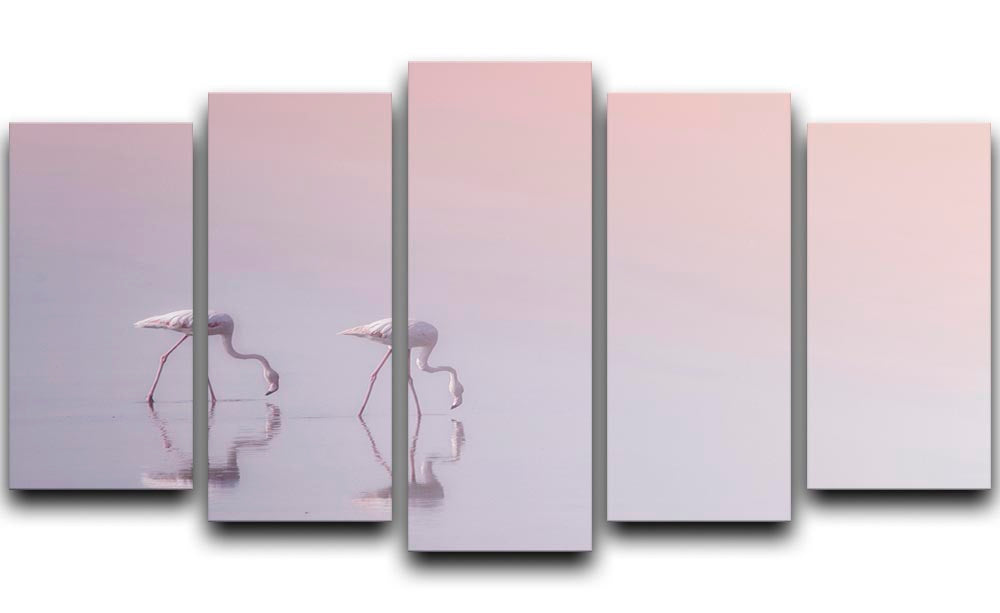 A vibrant 5-split canvas artwork featuring flamingos drinking, showcasing dynamic colors and design.