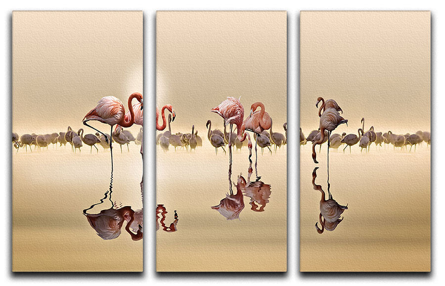A vibrant 3-panel canvas print featuring flamingos basking in the sun, perfect for home decor.