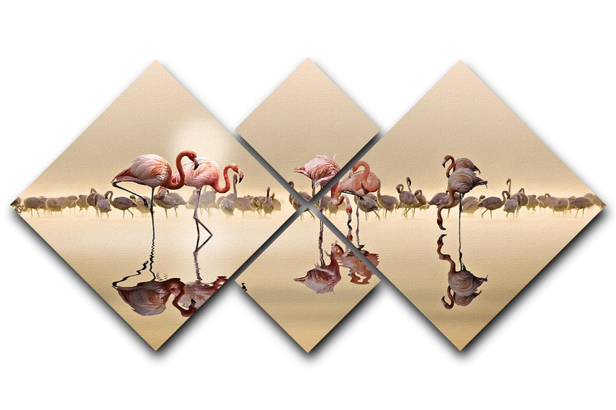 A vibrant 4-square canvas artwork featuring flamingos in a sunny setting, divided into four equal panels for a striking visual effect.