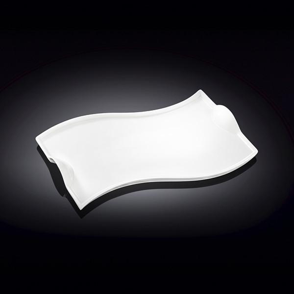 Flat white porcelain serving dish with handles, 10 inches long, featuring a wavy rolled rim, perfect for elegant dining.