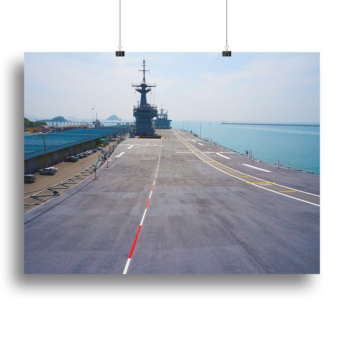 Canvas print of the flight deck of an aircraft carrier, showcasing aircraft and naval operations in vibrant detail.