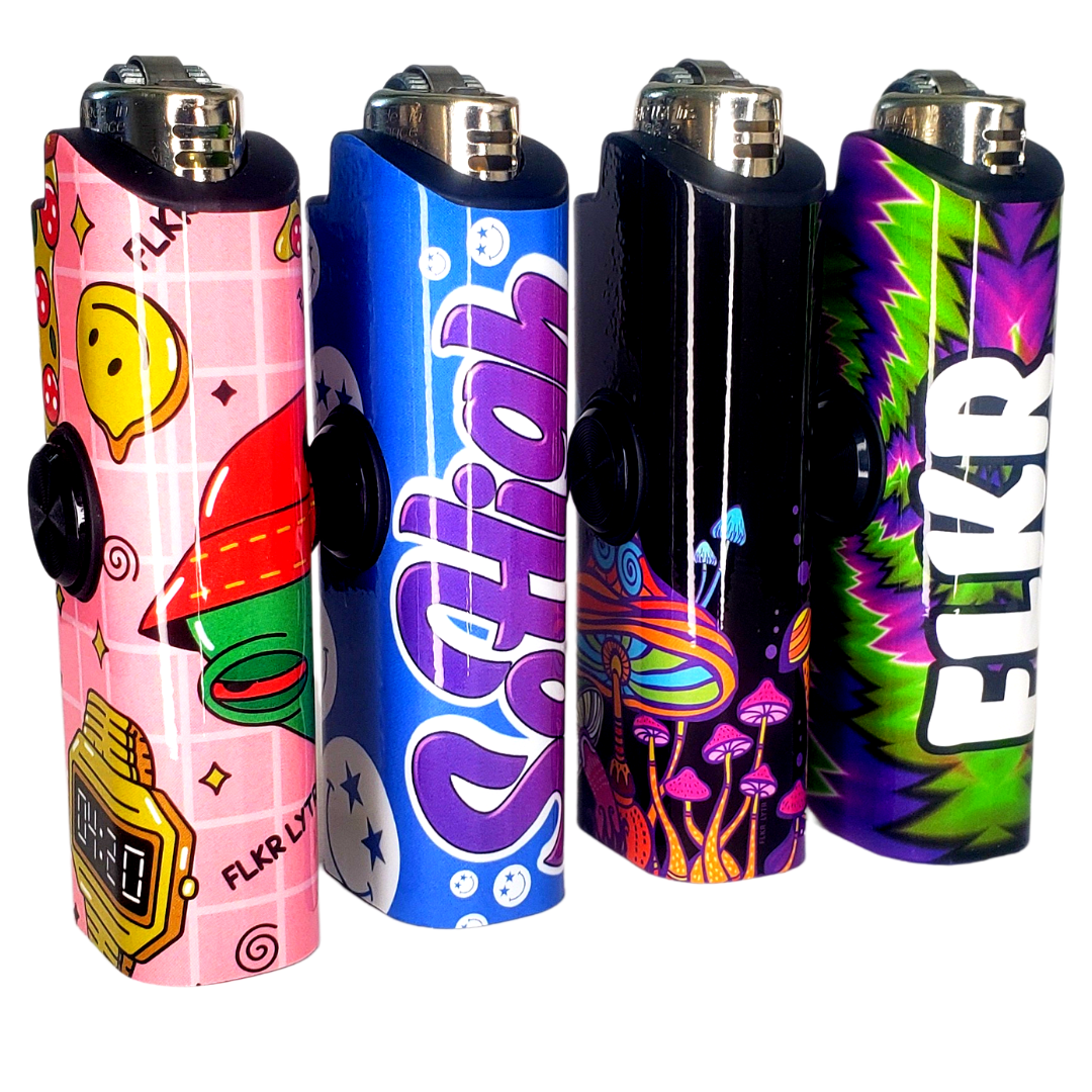 FLKR LYTR® Fidget Spinner Lighter Case 4 pack for Bic, showcasing elegant design and built-in spinner feature.