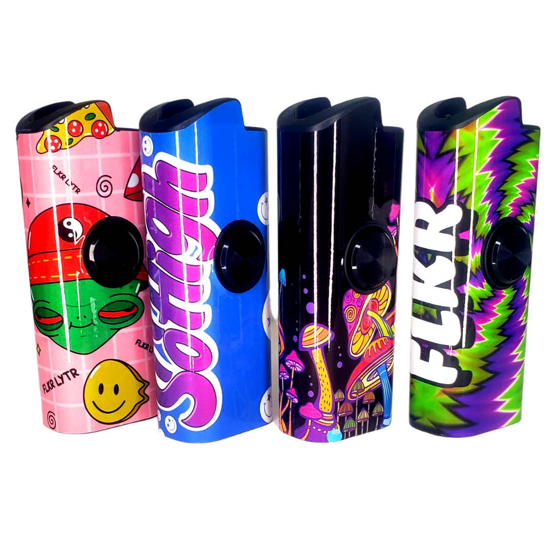 FLKR LYTR® Fidget Spinner Lighter Case 4 pack for Bic, showcasing elegant design and built-in spinner feature.