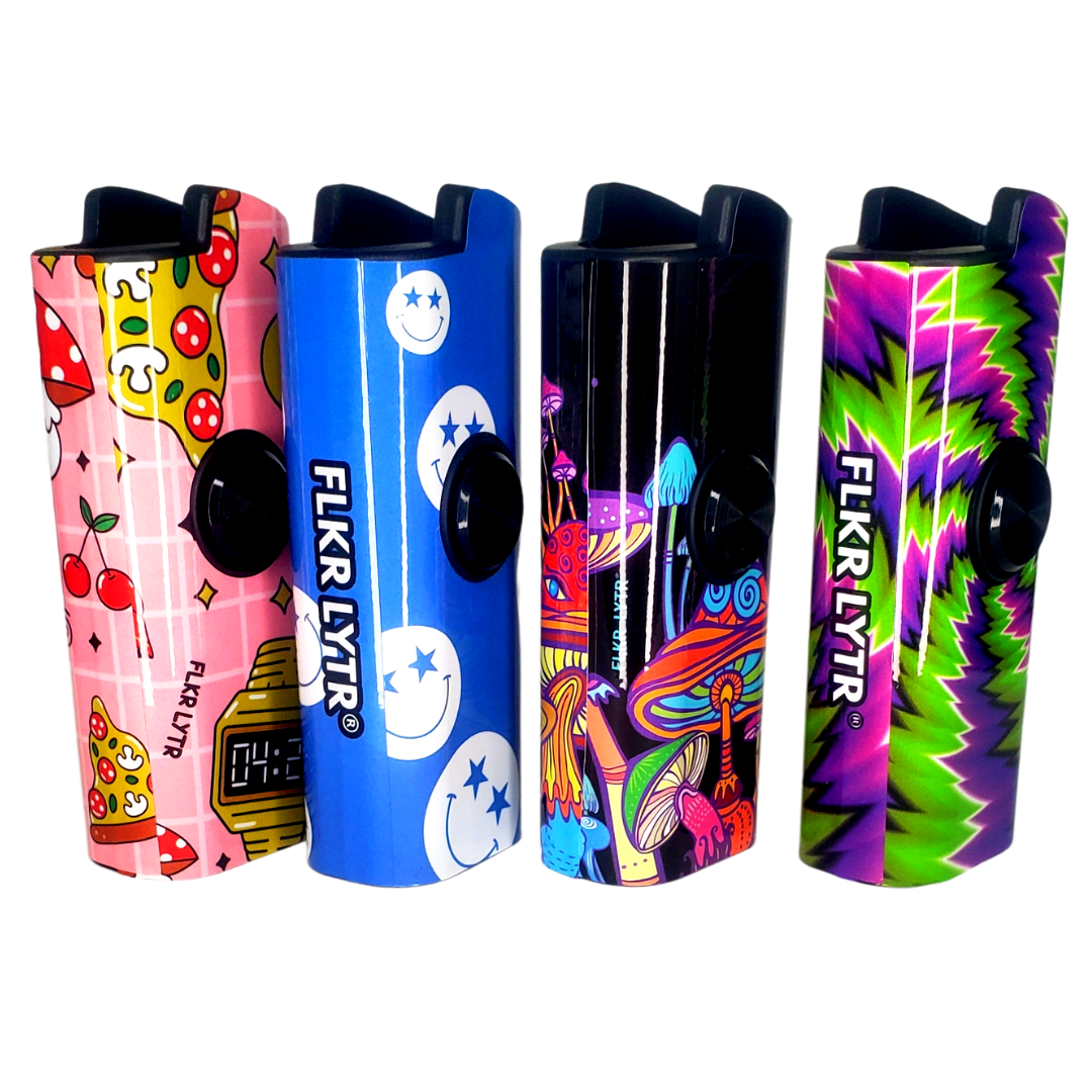 FLKR LYTR® Fidget Spinner Lighter Case 4 pack for Bic, showcasing elegant design and built-in spinner feature.