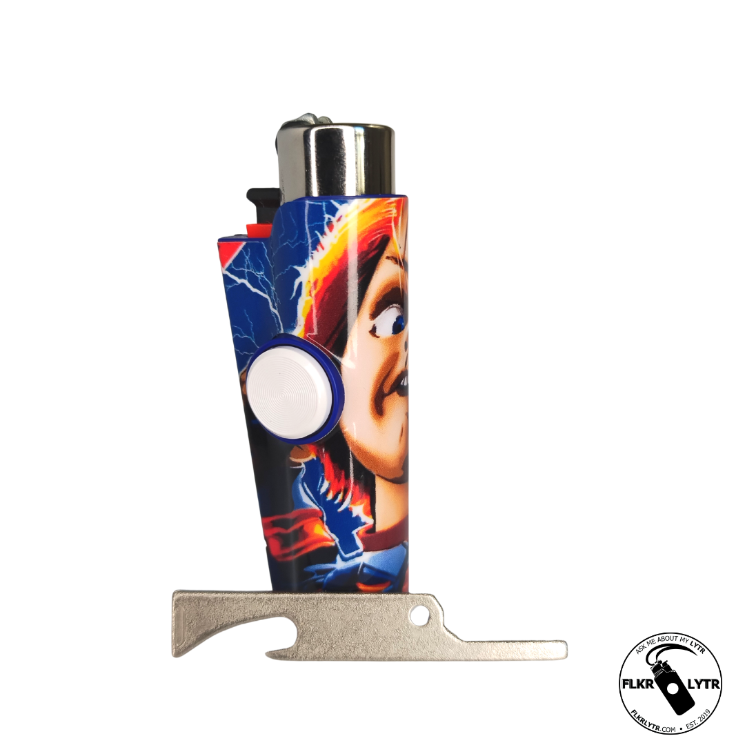 FLKR LYTR Halloween Edition Fidget Spinner Lighter Case Chuck-eee featuring a stylish design with a fidget spinner mechanism and metal poker.