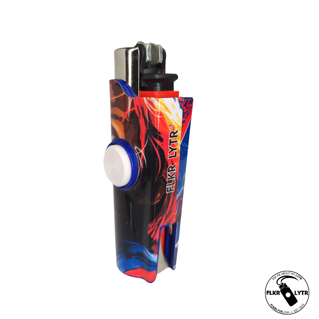 FLKR LYTR Halloween Edition Fidget Spinner Lighter Case Chuck-eee featuring a stylish design with a fidget spinner mechanism and metal poker.