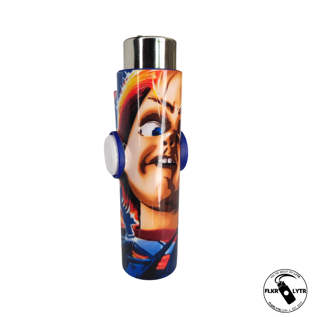 FLKR LYTR Halloween Edition Fidget Spinner Lighter Case Chuck-eee featuring a stylish design with a fidget spinner mechanism and metal poker.