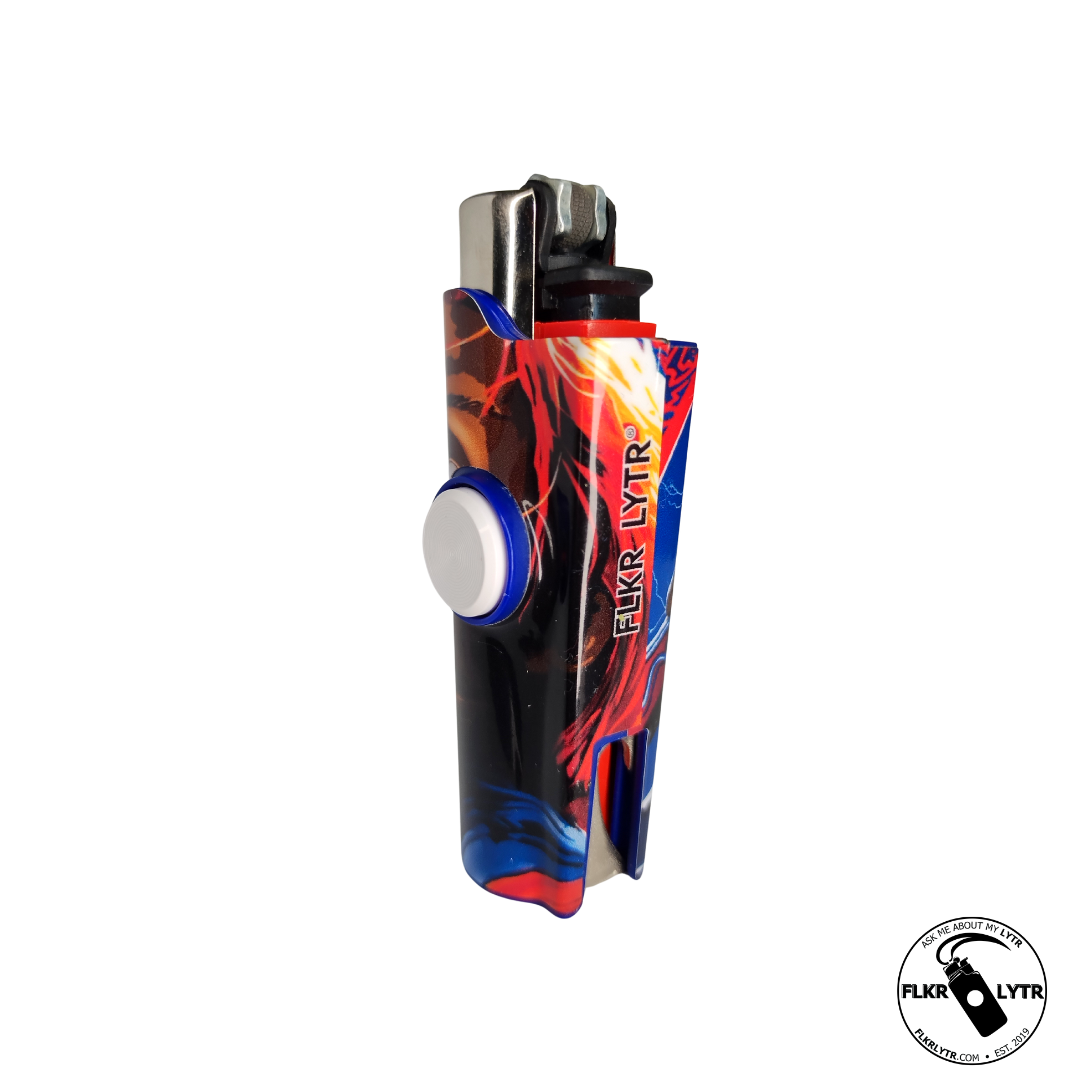 FLKR LYTR Halloween Edition Fidget Spinner Lighter Case Chuck-eee featuring a stylish design with a fidget spinner mechanism and metal poker.