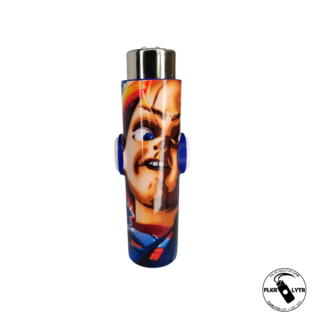 FLKR LYTR Halloween Edition Fidget Spinner Lighter Case Chuck-eee featuring a stylish design with a fidget spinner mechanism and metal poker.