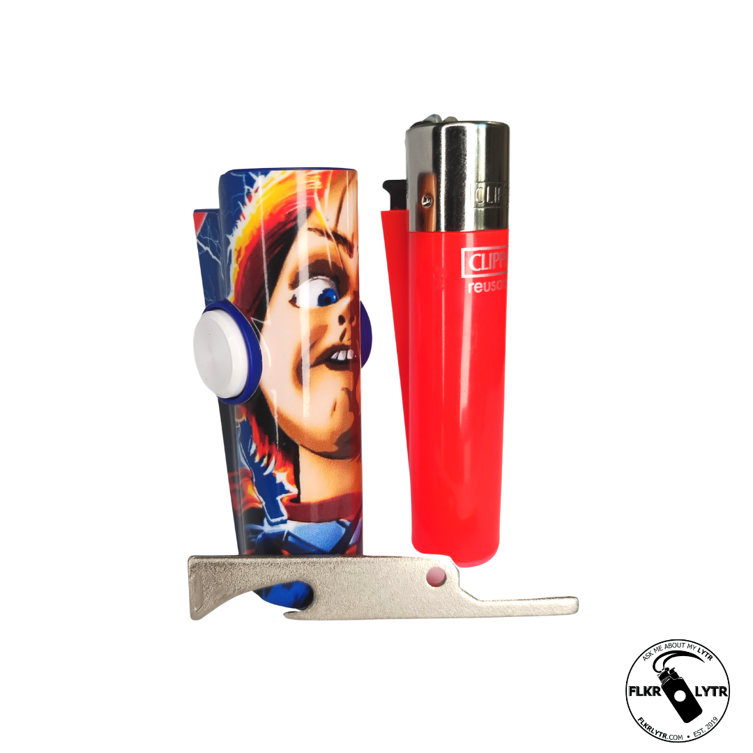 FLKR LYTR Halloween Edition Fidget Spinner Lighter Case Chuck-eee featuring a stylish design with a fidget spinner mechanism and metal poker.