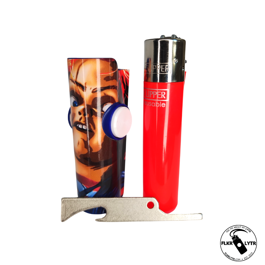 FLKR LYTR Halloween Edition Fidget Spinner Lighter Case Chuck-eee featuring a stylish design with a fidget spinner mechanism and metal poker.
