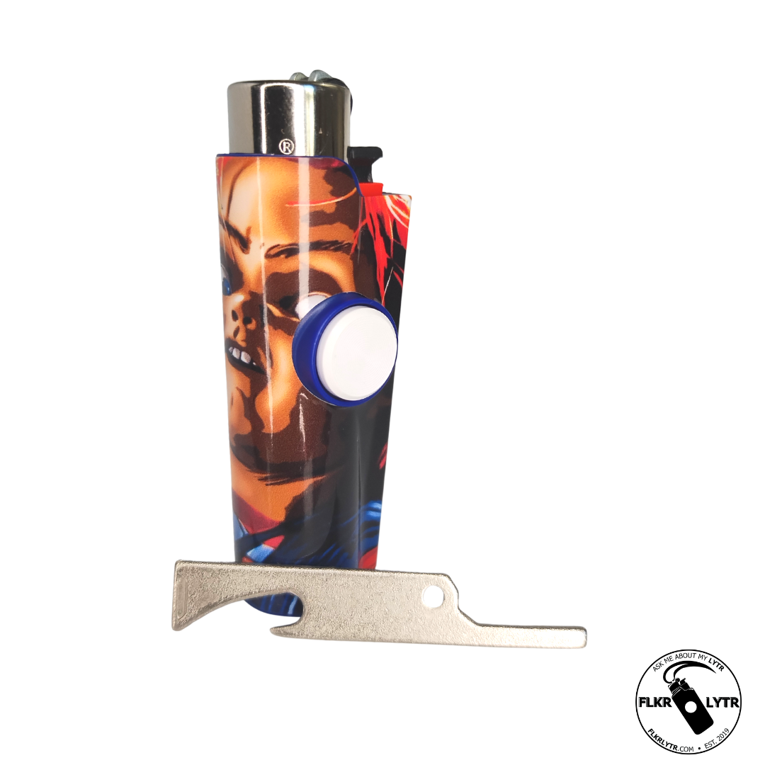 FLKR LYTR Halloween Edition Fidget Spinner Lighter Case Chuck-eee featuring a stylish design with a fidget spinner mechanism and metal poker.