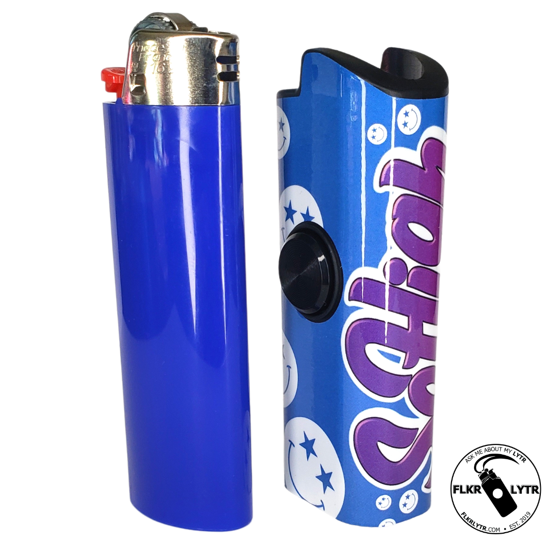 FLKR LYTR So High Edition spinner lighter case in sky blue with leaf details, designed for fidgeting and functionality.