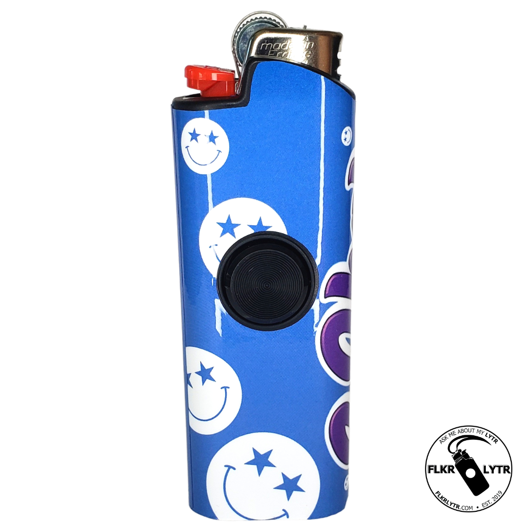 FLKR LYTR So High Edition spinner lighter case in sky blue with leaf details, designed for fidgeting and functionality.