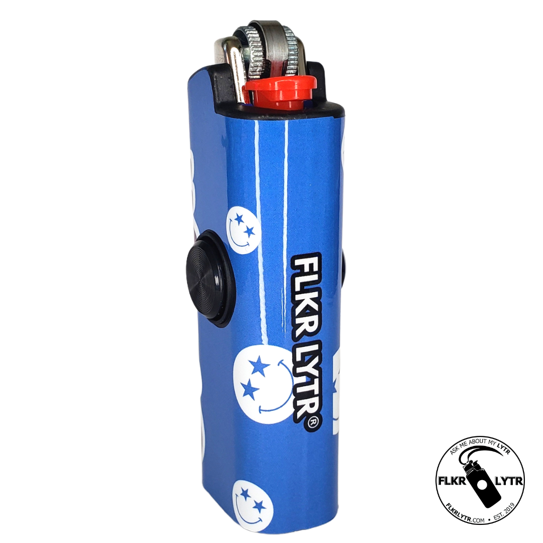 FLKR LYTR So High Edition spinner lighter case in sky blue with leaf details, designed for fidgeting and functionality.