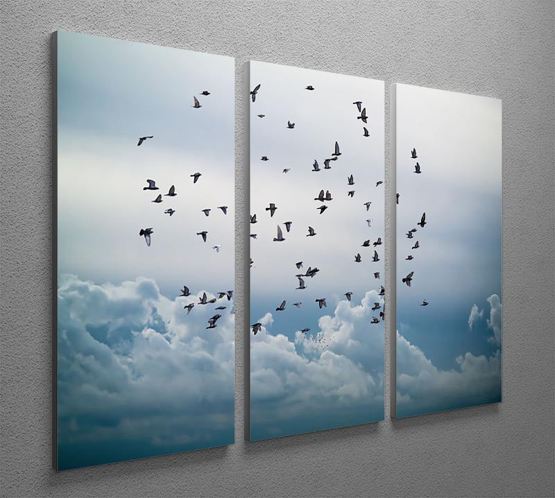 A beautiful 3-panel canvas print depicting a flock of birds flying in a clear blue sky, enhancing any interior decor.