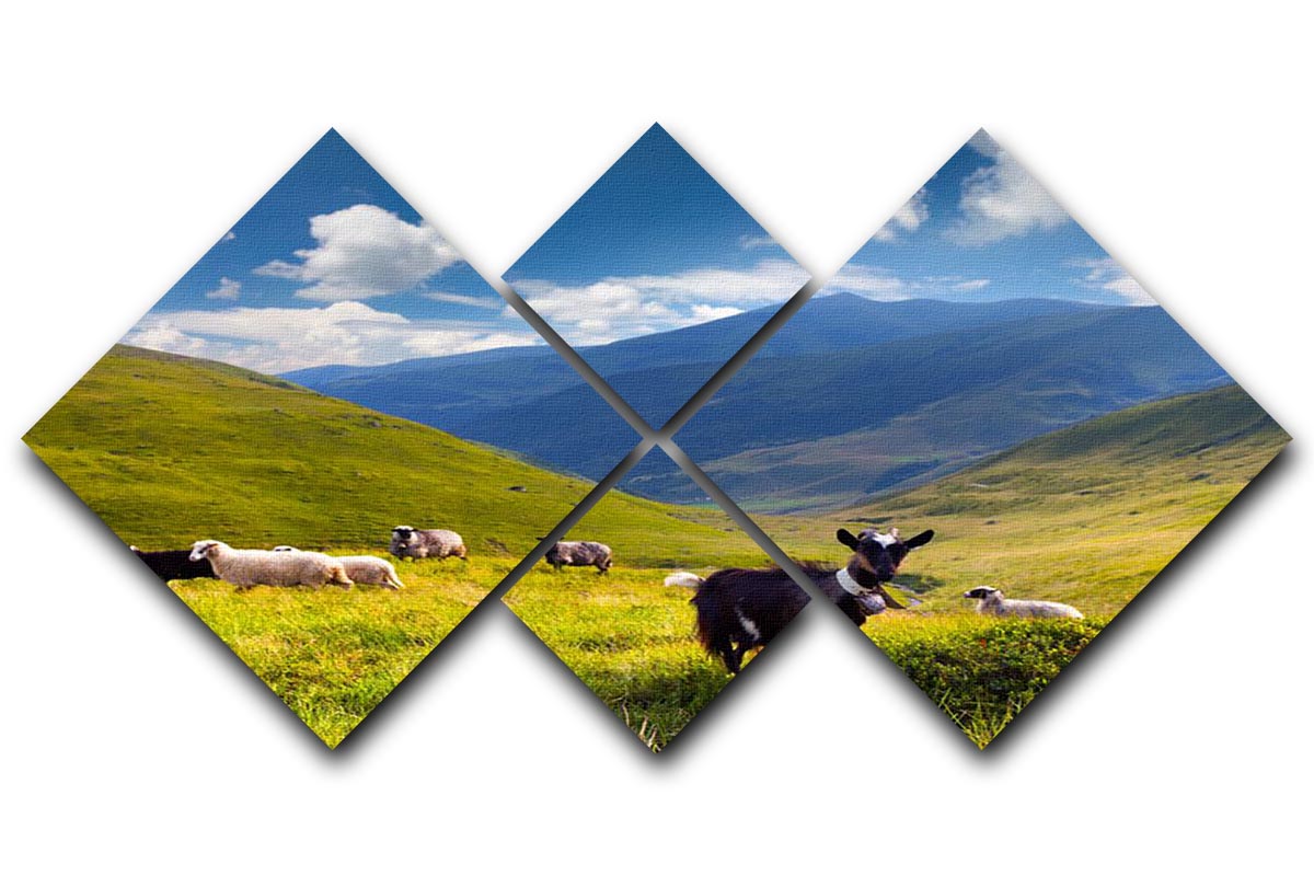 A beautiful multi-panel canvas artwork featuring a flock of sheep and goats in a mountainous landscape, divided into four square sections.