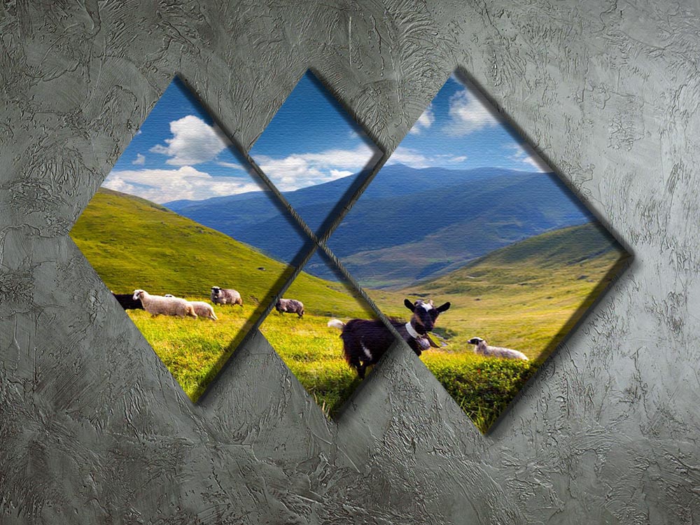 A beautiful multi-panel canvas artwork featuring a flock of sheep and goats in a mountainous landscape, divided into four square sections.