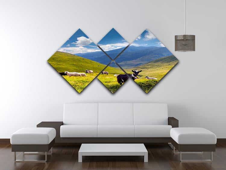 A beautiful multi-panel canvas artwork featuring a flock of sheep and goats in a mountainous landscape, divided into four square sections.