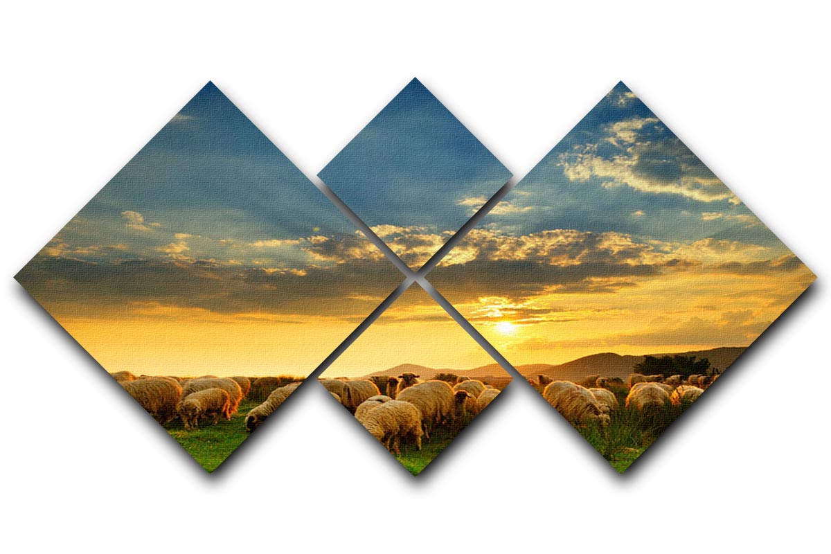 A serene sunset scene featuring a flock of sheep grazing on a lush hill, displayed in a 4-square multi-panel canvas arrangement.
