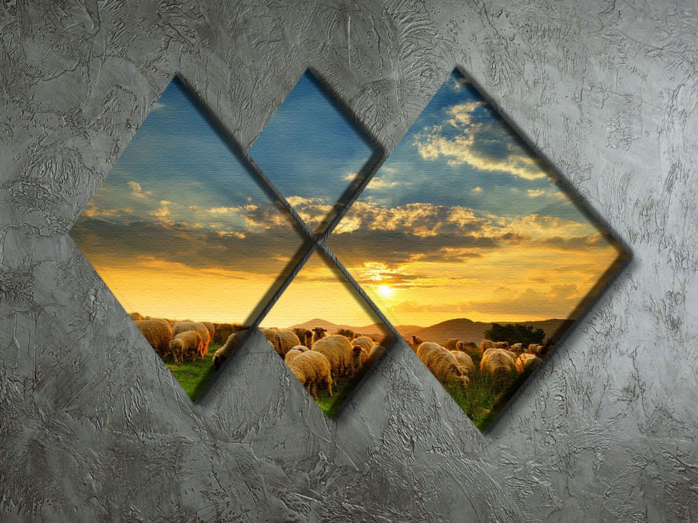A serene sunset scene featuring a flock of sheep grazing on a lush hill, displayed in a 4-square multi-panel canvas arrangement.